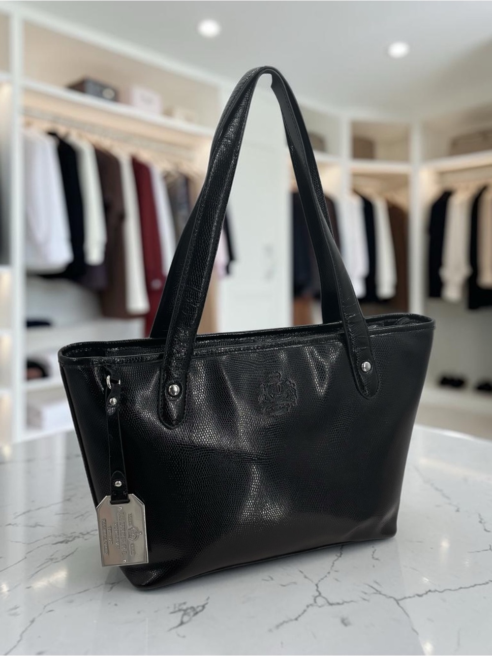 Lauren Ralph Lauren Newton Shopper Black Snakeskin Embossed